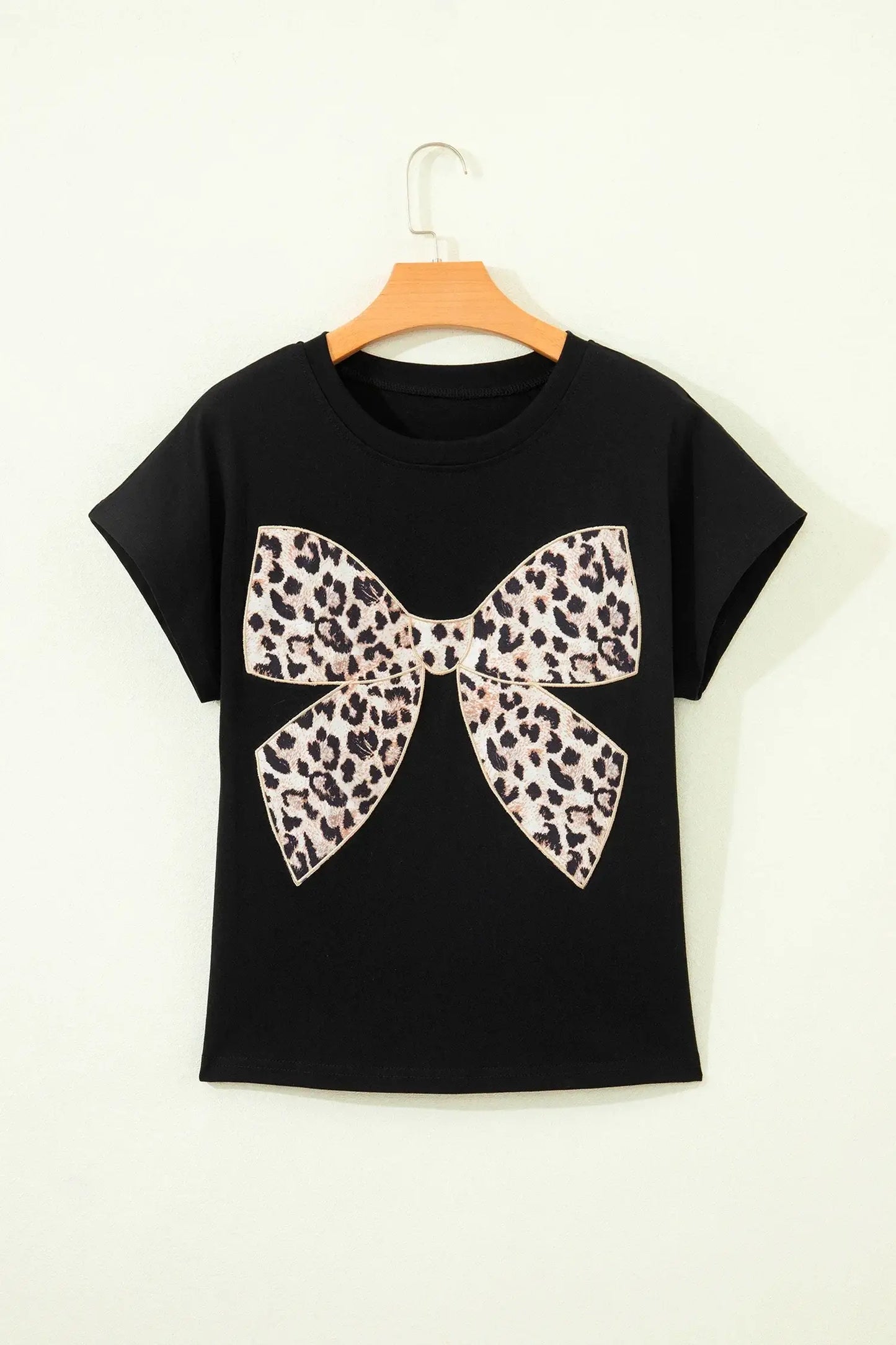 Black Leopard Bow Embroidered Cotton Round Neck T Shirt