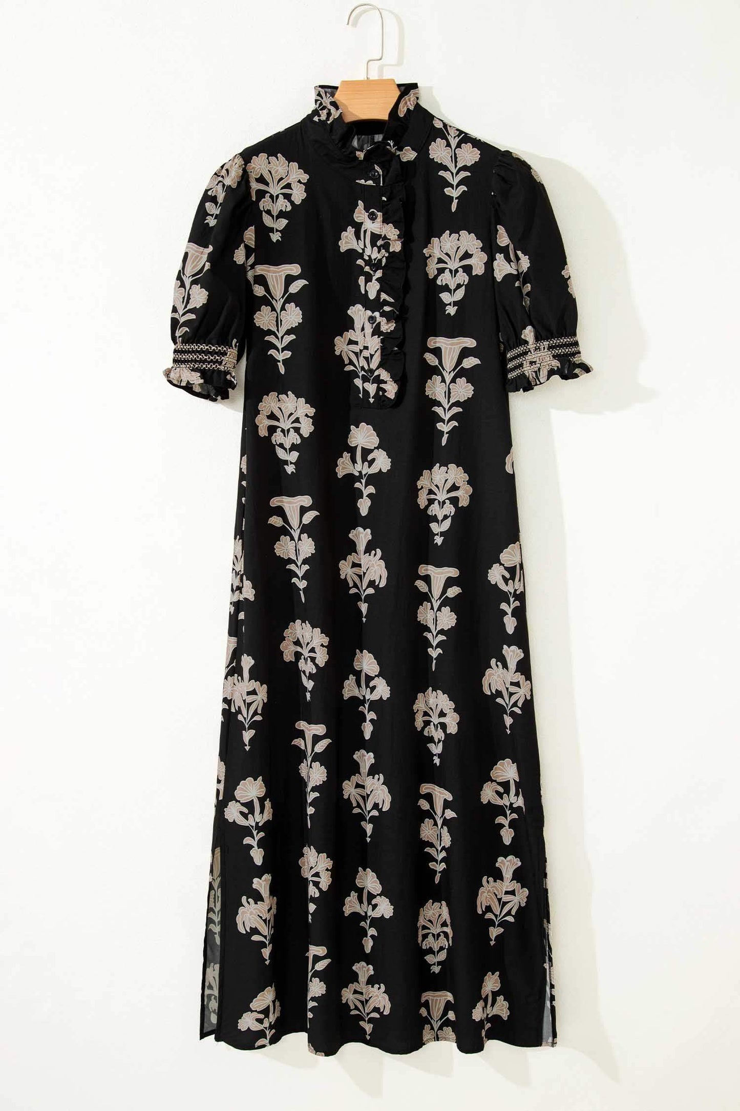 Black Floral Print Frilled Collar Short Puff Sleeve Maxi Dress - Sweet Fashion Wholesale