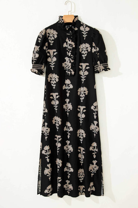 Black Floral Print Frilled Collar Short Puff Sleeve Maxi Dress - Sweet Fashion Wholesale