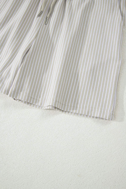 Khaki Stripe Dolman Sleeve Polo Shirt and Drawstring Shorts Set