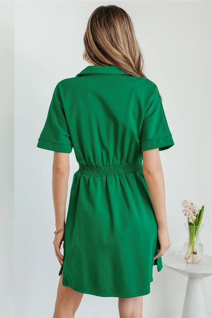Bright Green Contrast Patchwork Half Zip Elastic Waist Short Sleeve Mini Dress - Sweet Fashion Wholesale