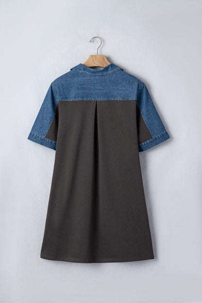 Carbon Grey Color Block Denim Patchwork Polo Collar T Shirt Shift Dress