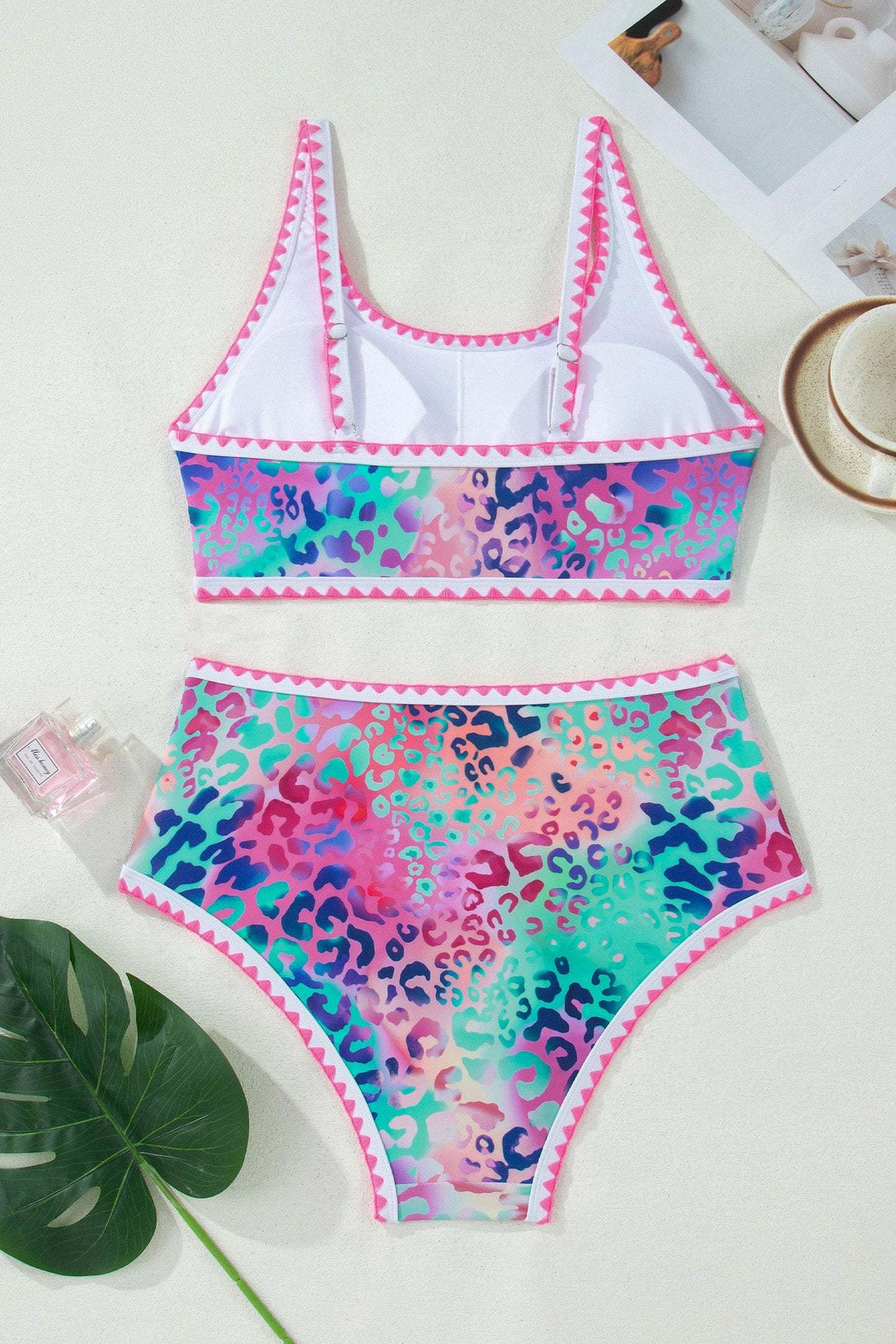Pink Leopard Ricrac Trim Square Neck High Waist Bikinich