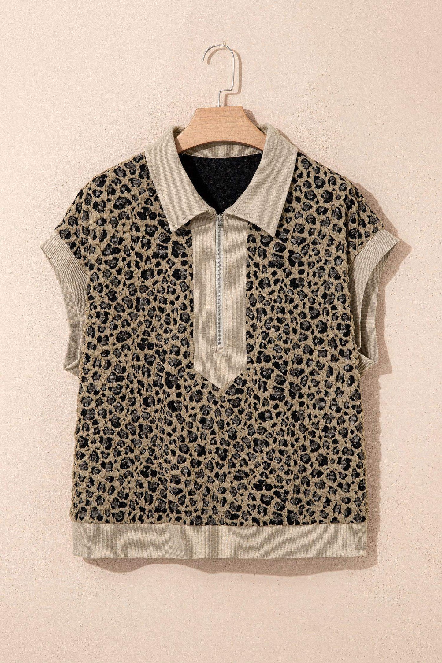 Beige Ribbed Patchwork Collar Cuffed Sleeve Leopard Plus Top - Sweet Fashion Wholesale
