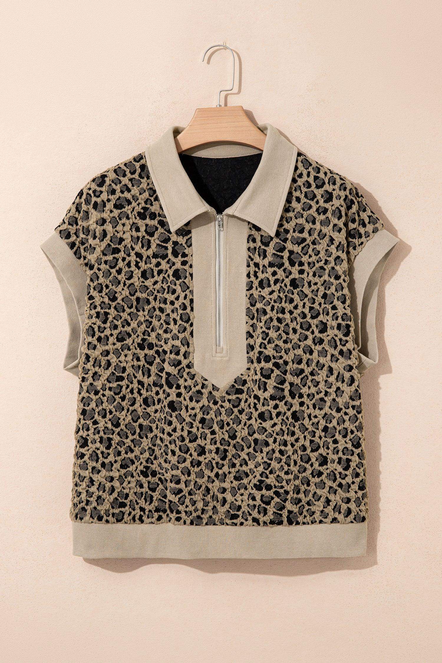 Beige Ribbed Patchwork Collar Cuffed Sleeve Leopard Plus Top - Sweet Fashion Wholesale