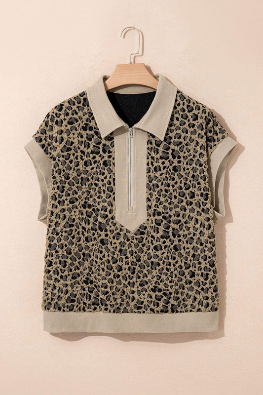 Beige Ribbed Patchwork Collar Cuffed Sleeve Leopard Plus Top - Sweet Fashion Wholesale