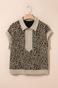 Beige Ribbed Patchwork Collar Cuffed Sleeve Leopard Plus Top - Sweet Fashion Wholesale