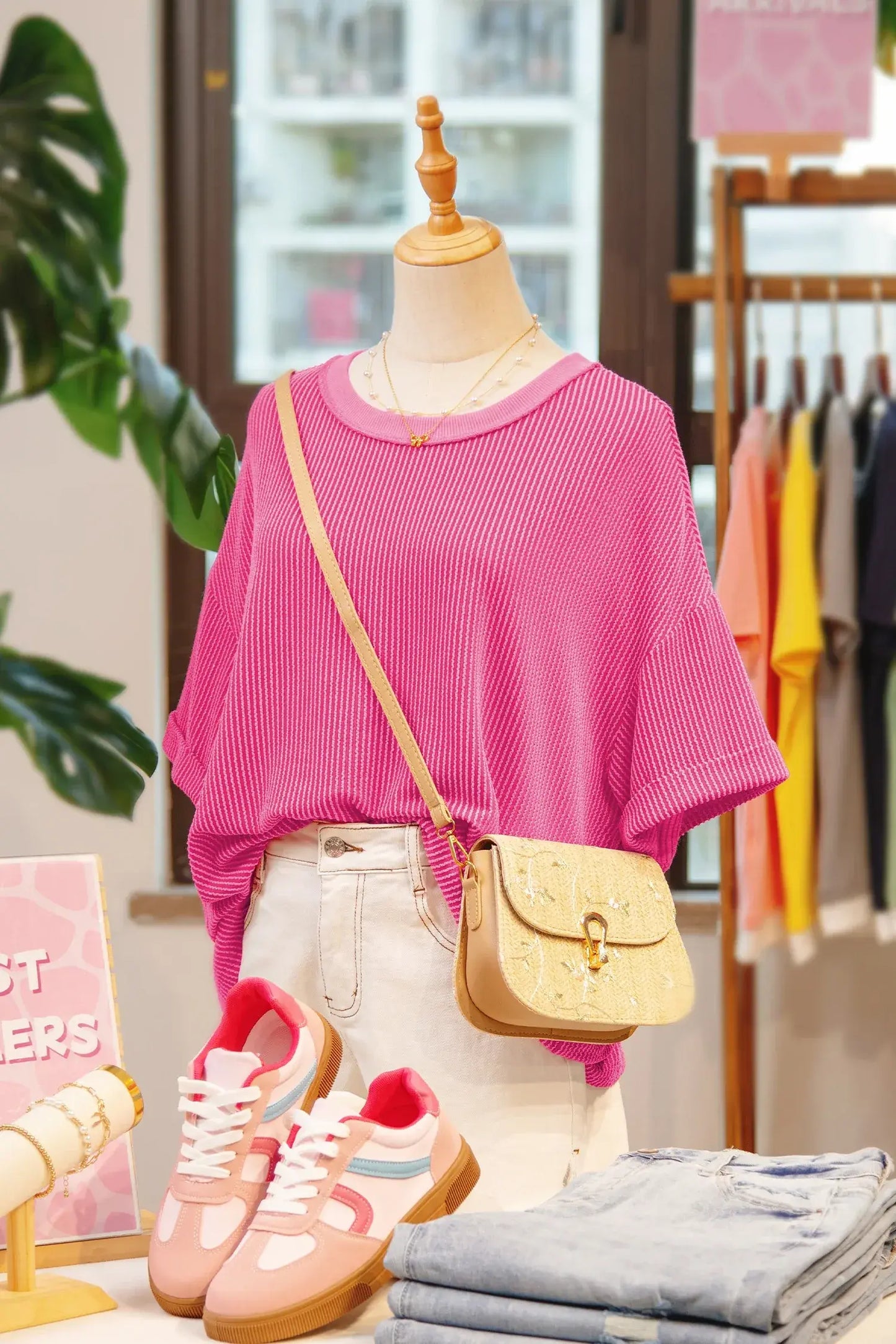 Rose Red Spiral Ribbed Cutout Bow Knot Back Oversize T Shirt - Sweet Fashion Wholesale