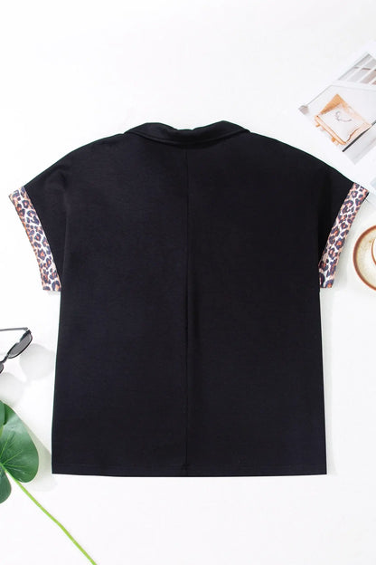 Black Plus Size Leopard Patchwork Half Zip Short Sleeve Top