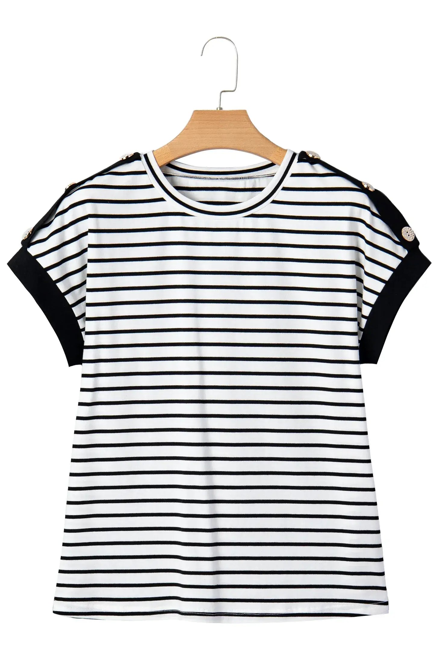 Black Stripe Cuffed Sleeve Button Detail Loose Tee - Sweet Fashion Wholesale