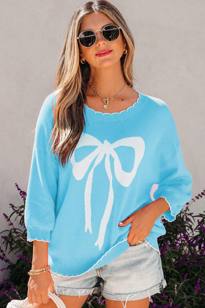 Light Blue Big Ribbon Bow Print Contrast Stitch Trim Drop Shoulder Sweater - Sweet Fashion Wholesale