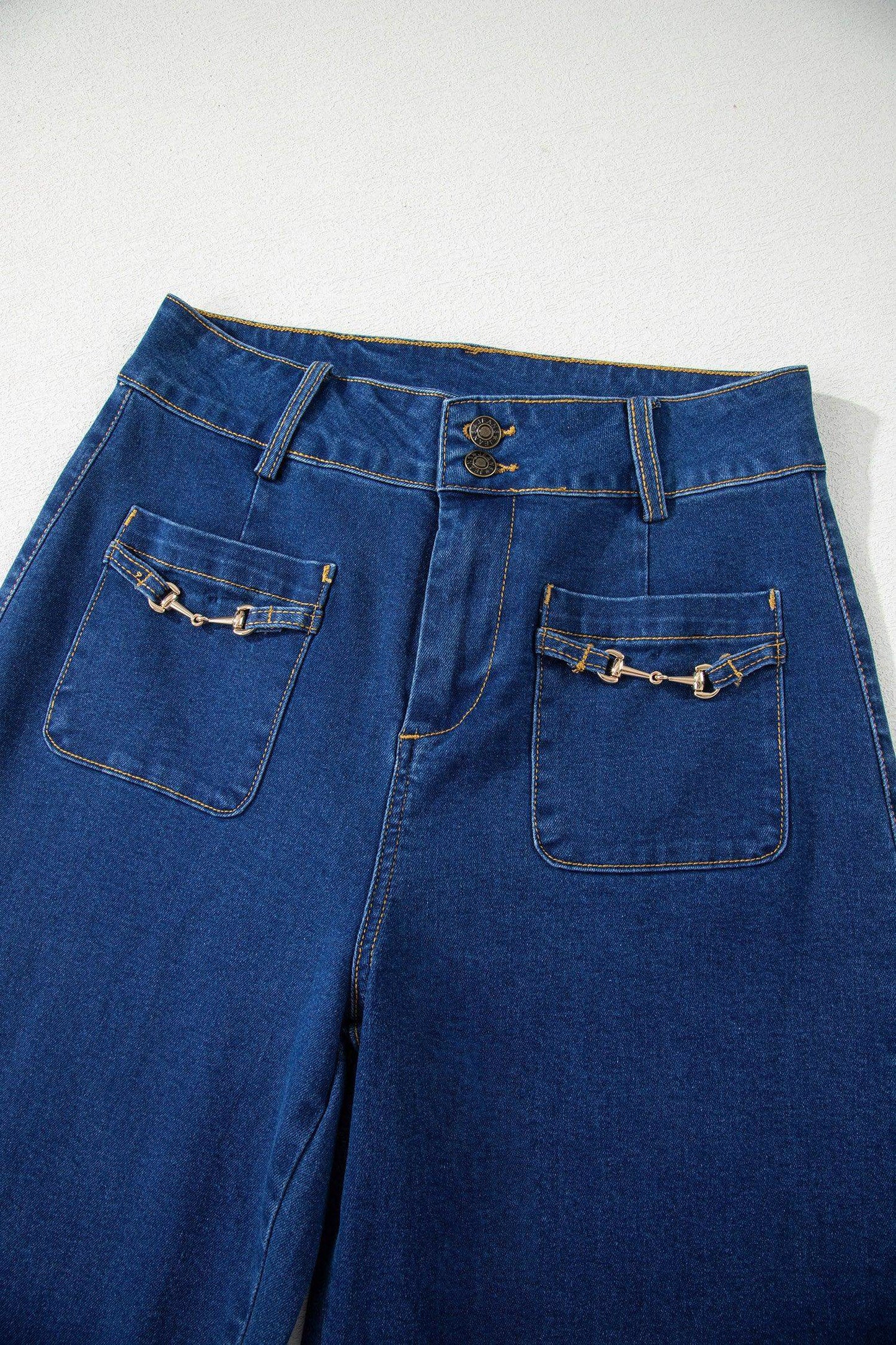 Sail Blue Hardware Decor Patched Pockets Wide Leg Denim Pants - Sweet Fashion Wholesale