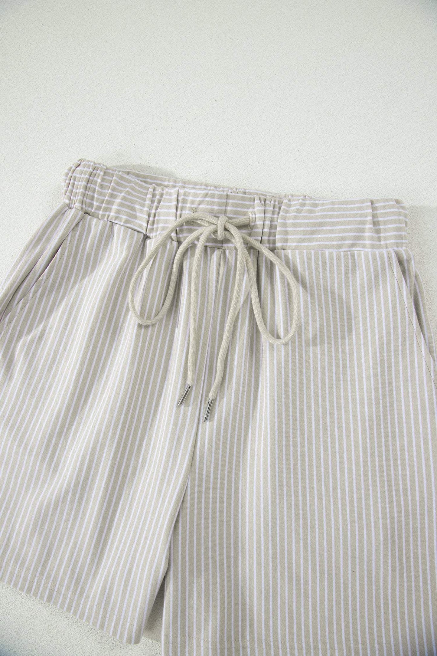 Khaki Stripe Dolman Sleeve Polo Shirt and Drawstring Shorts Set
