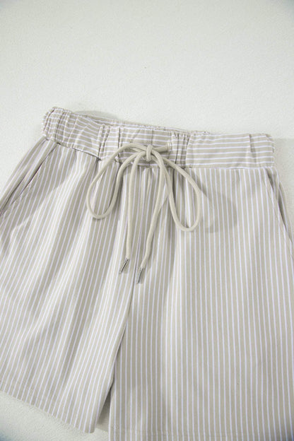 Khaki Stripe Dolman Sleeve Polo Shirt and Drawstring Shorts Set