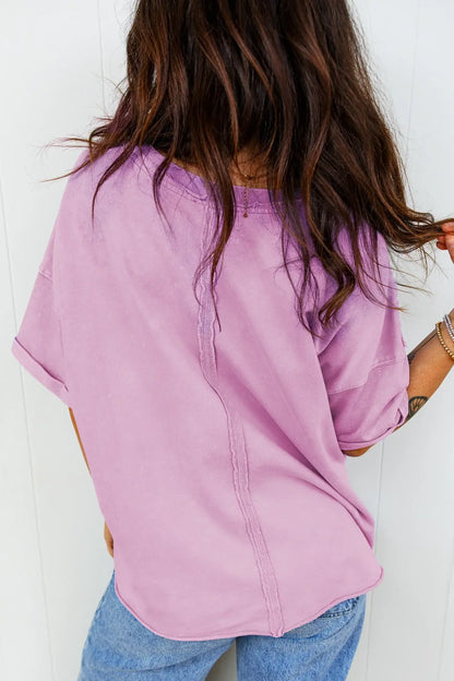 Lavendula Mineral Wash Drop Shoulder Raw Edge Loose Tee - Sweet Fashion Wholesale