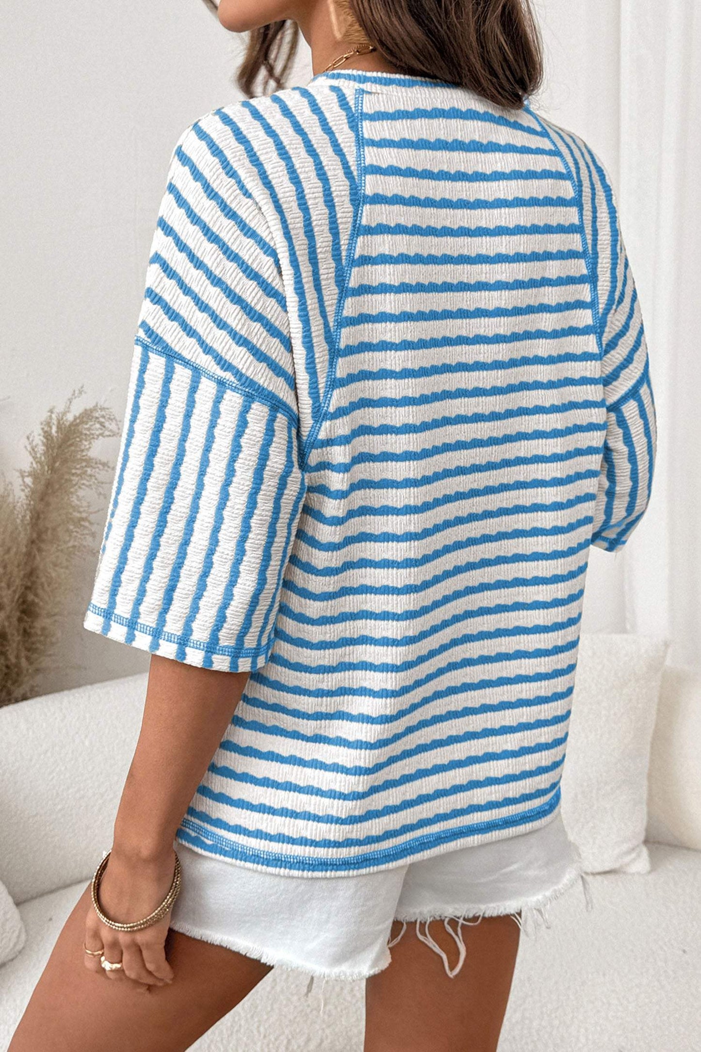Brown Stripe Textured Knit Split Hem Half Sleeve Loose Top