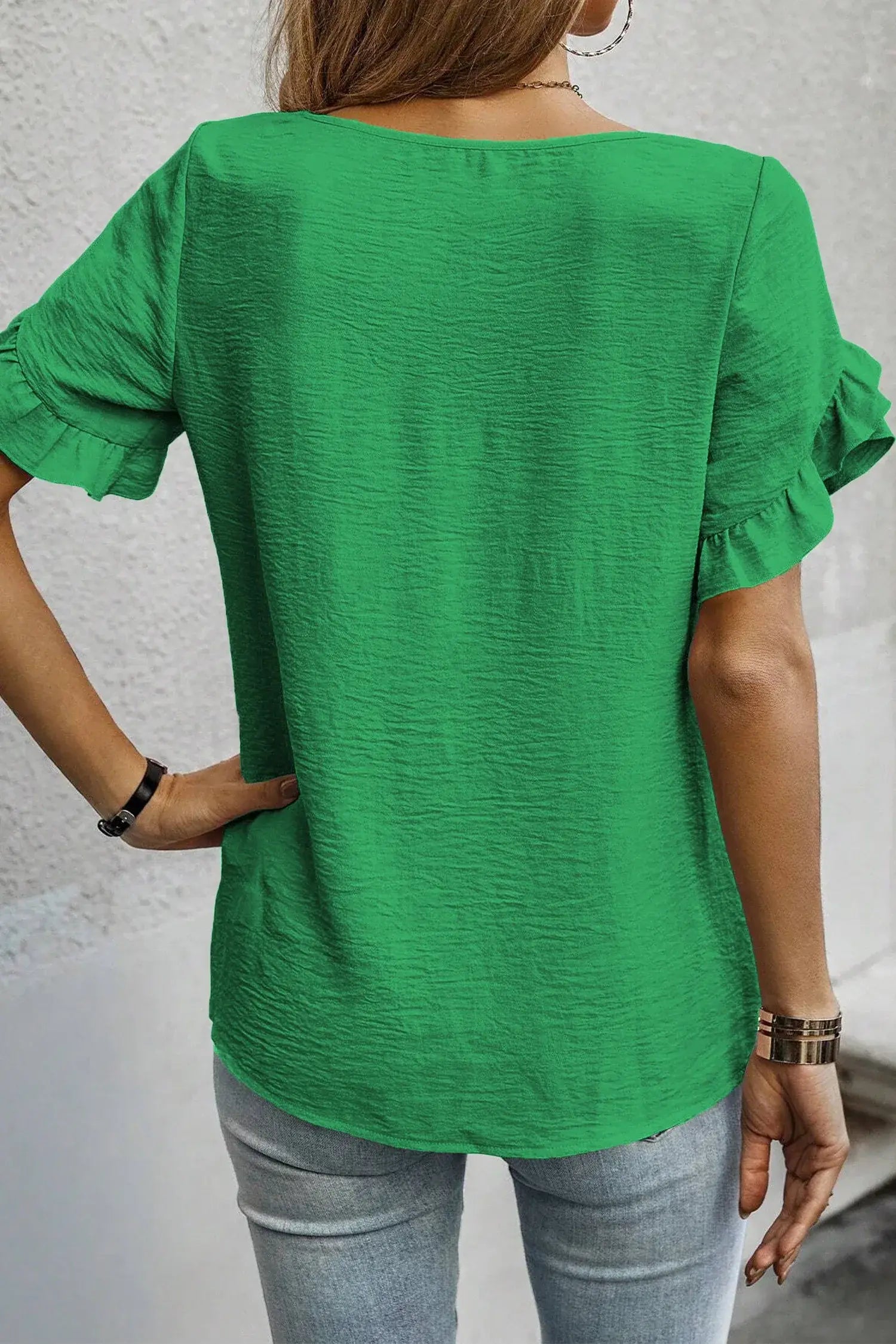 Sea Green Solid Color Ruffle Trim Short Sleeve Blouse - Sweet Fashion Wholesale