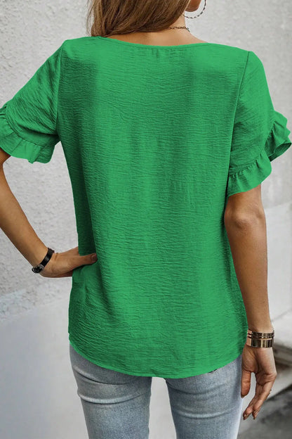 Sea Green Solid Color Ruffle Trim Short Sleeve Blouse - Sweet Fashion Wholesale