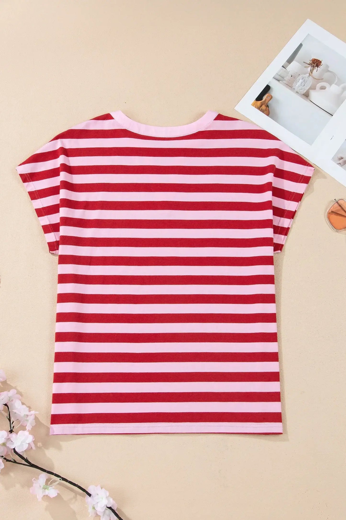Pink Stripe Split V Neck Casual T Shirt - Sweet Fashion Wholesale