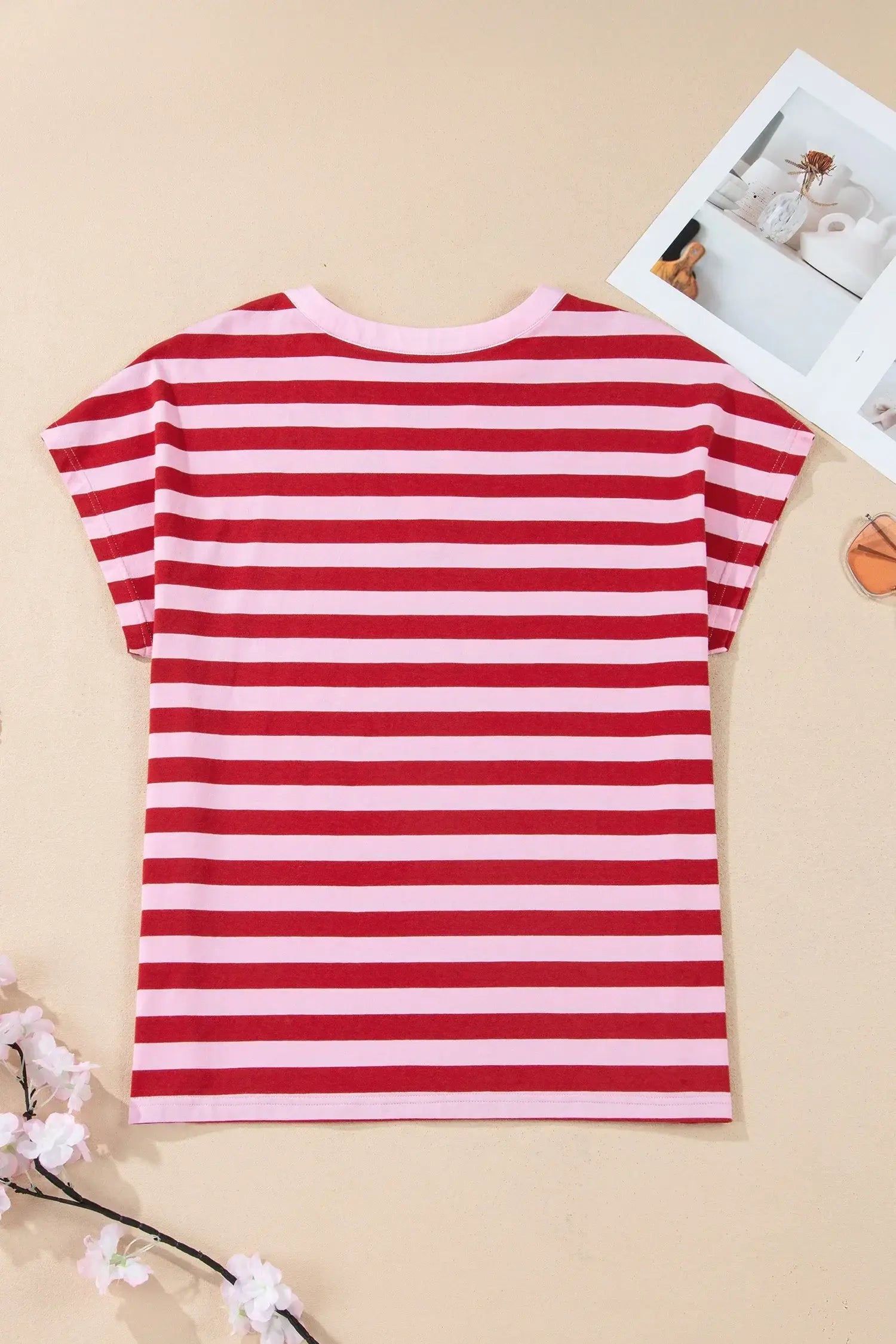 Pink Stripe Split V Neck Casual T Shirt - Sweet Fashion Wholesale