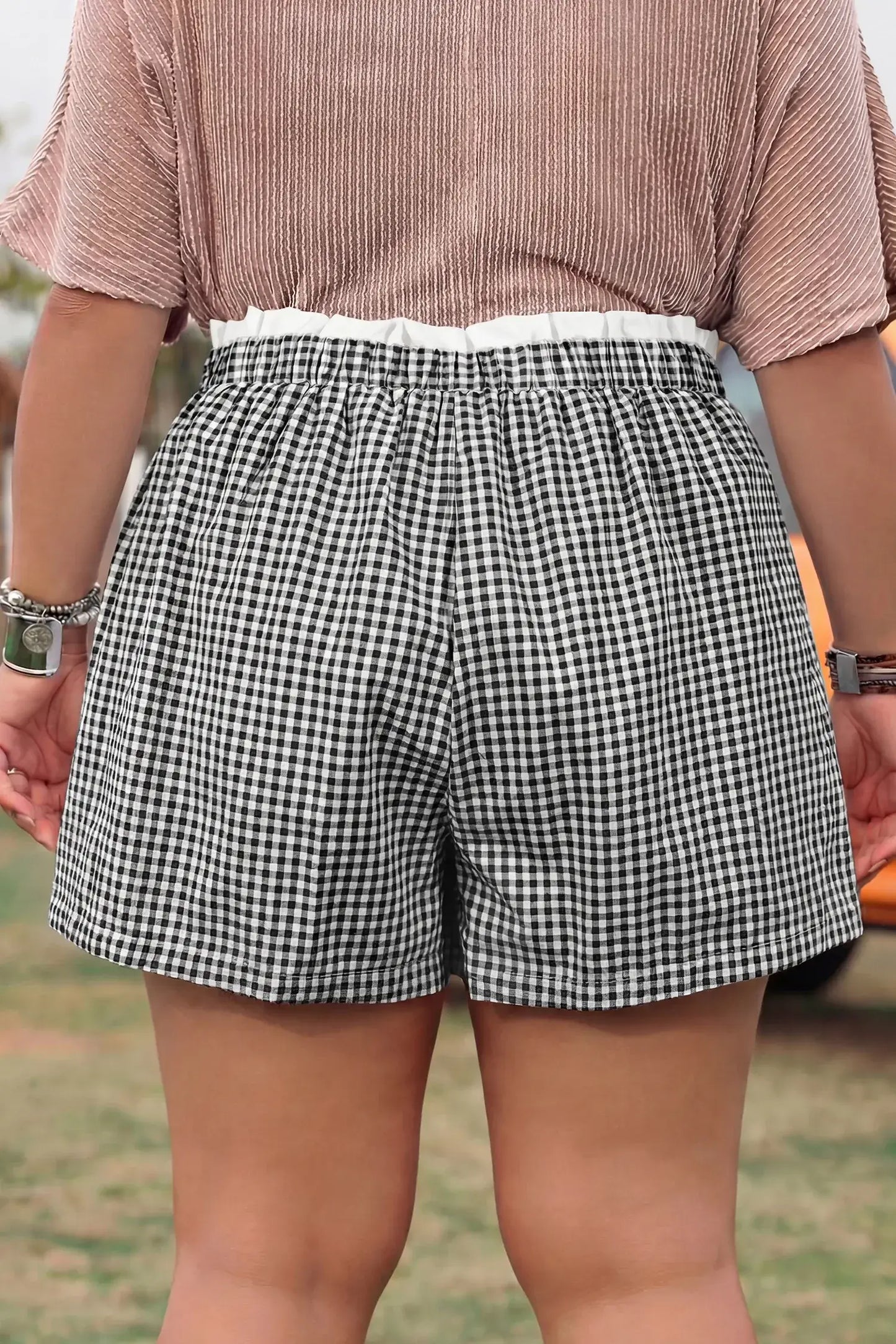 Red Contrast Trim Plaid Print Plus Size Shorts - Sweet Fashion Wholesale