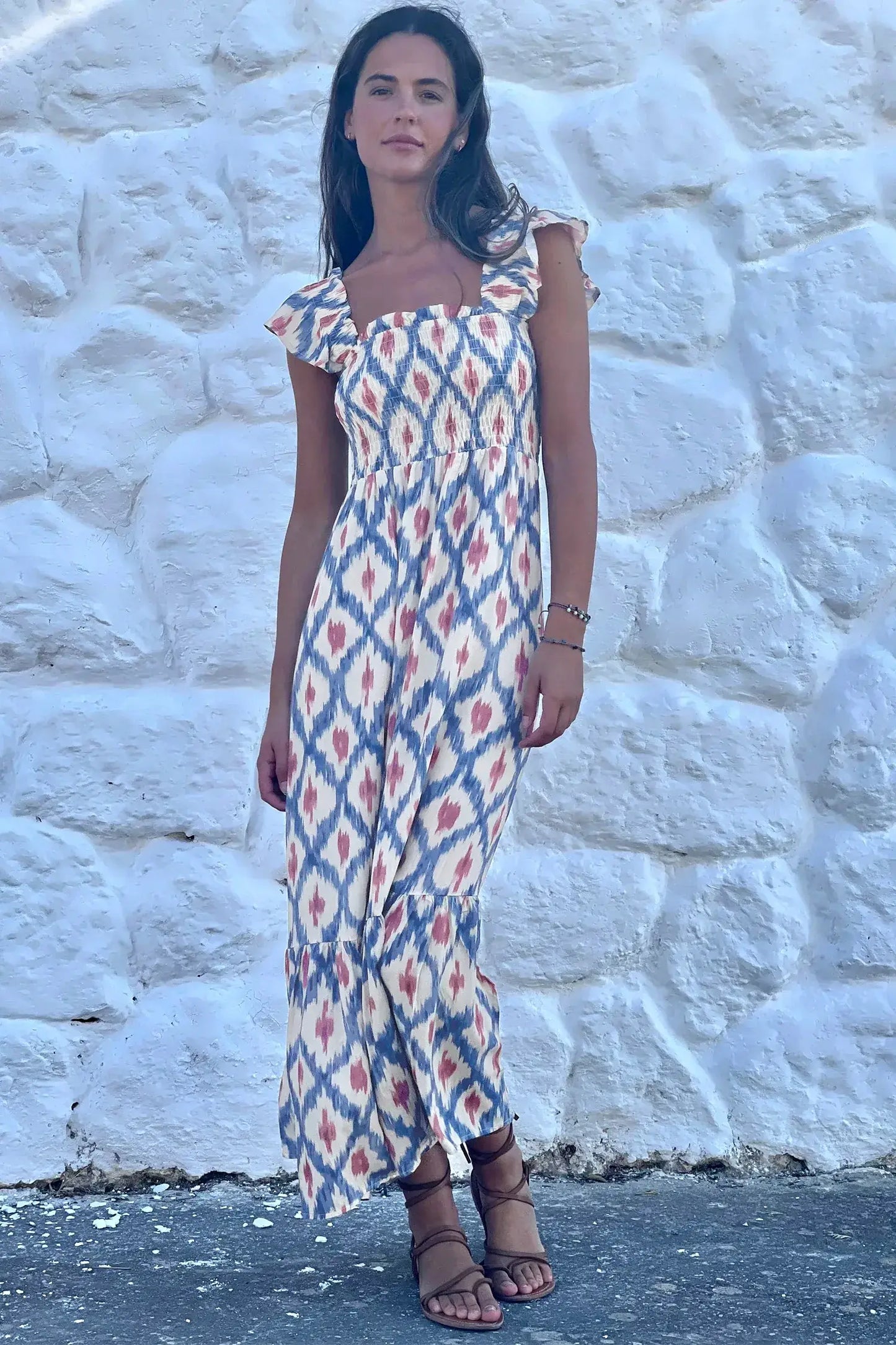 Sky Blue Ethnic Geometric Print Square Neck Smocked High Waist Ruffle Sleeve Dress - Sweet Fashion Wholesale