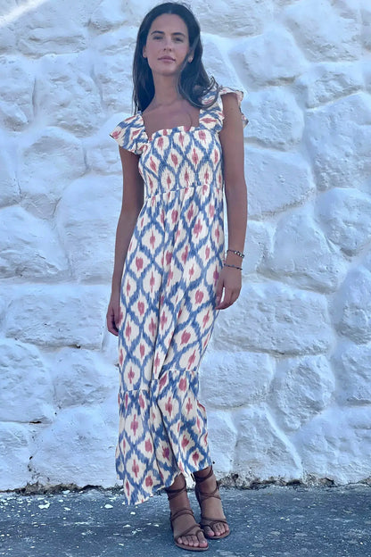 Sky Blue Ethnic Geometric Print Square Neck Smocked High Waist Ruffle Sleeve Dress - Sweet Fashion Wholesale