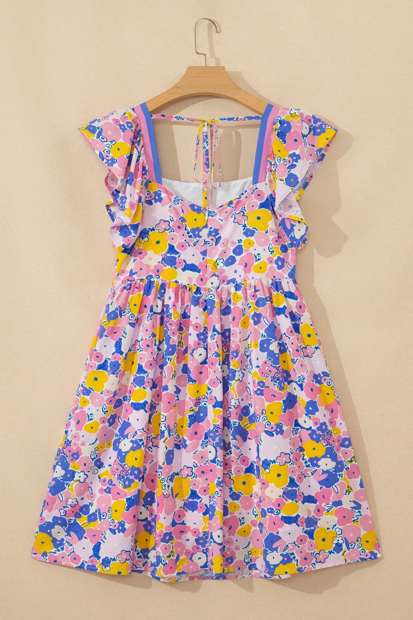 Multicolour Floral Print Flutter Sleeve Striped Trim Square Neck Loose Mini Dress