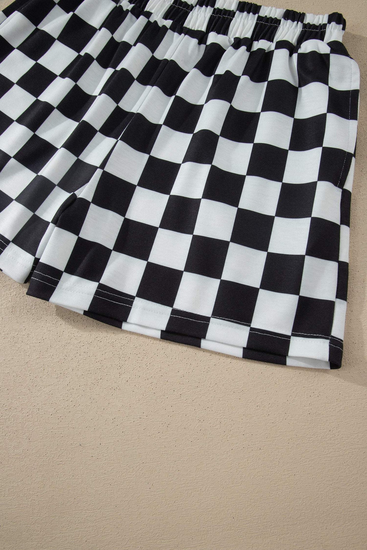 Black Checkered Print Color Block Trim Mock Neck Short Set