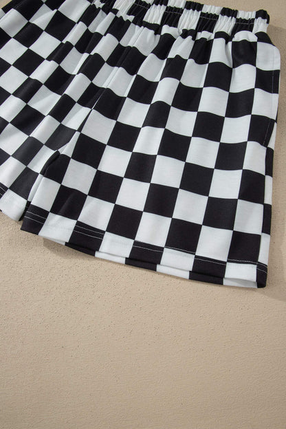 Black Checkered Print Color Block Trim Mock Neck Short Set