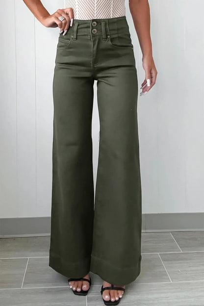 Mist Green 2-Button High Waist Wide Leg Jeans - Sweet Fashion Wholesale