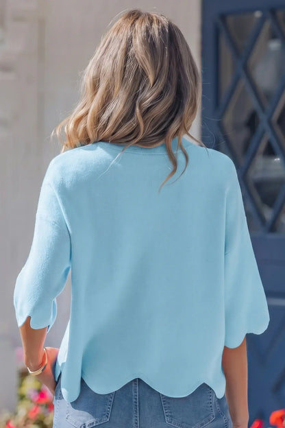 Myosotis Scalloped Hem 3/4 Sleeve Sweater Top - Sweet Fashion Wholesale