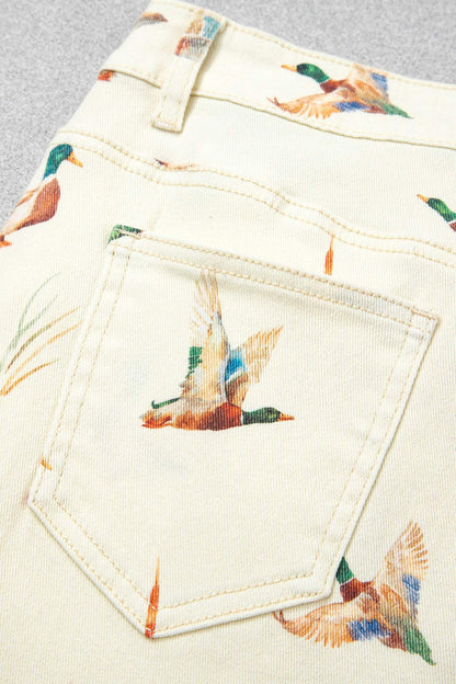 Beige Stylish Mallard Printed Cuffed Hem Shift Jeans