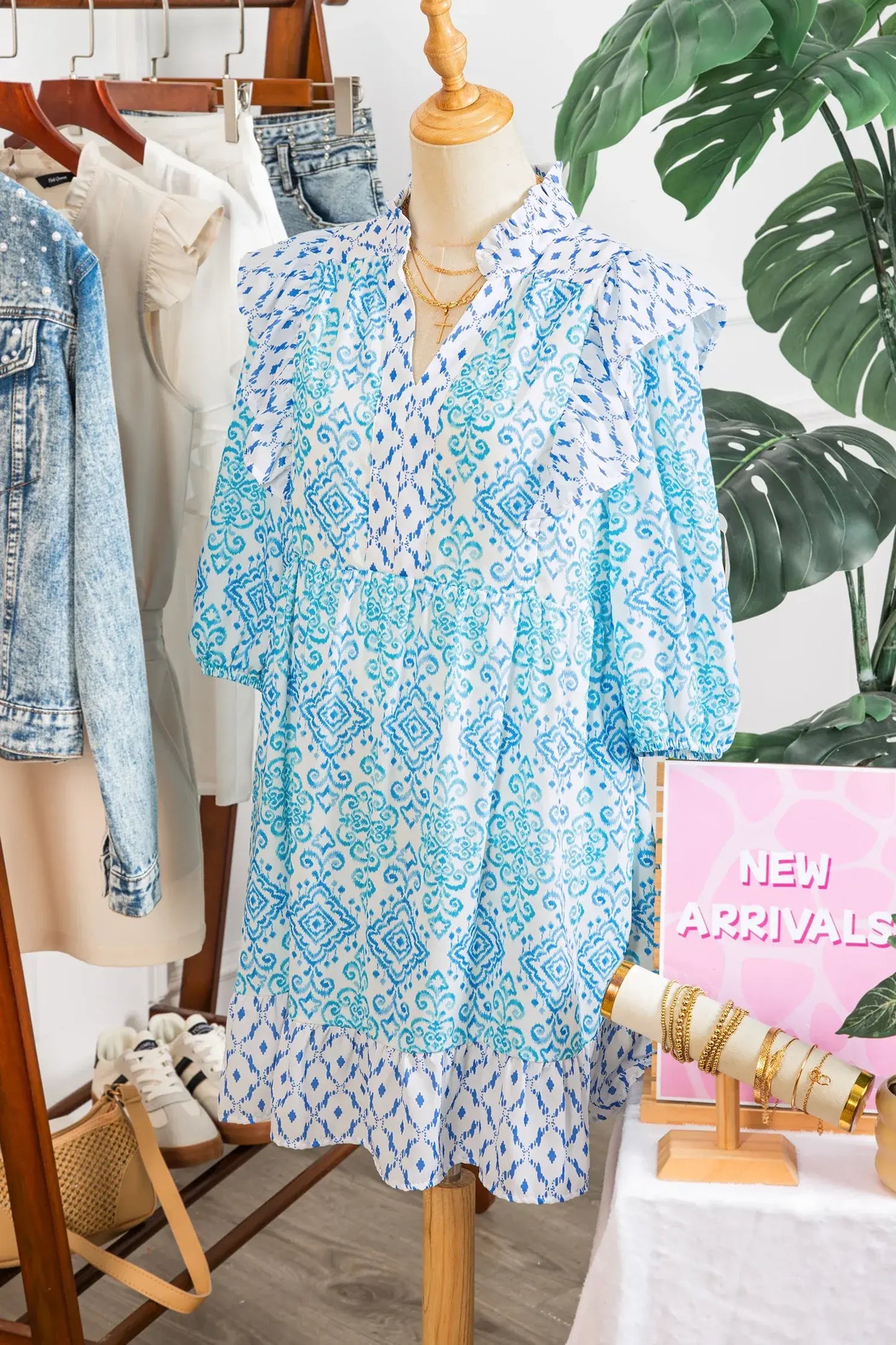 Sky Blue Boho Floral Geometric Patchwork Ruffle Detail Puff Sleeve Mini Dress - Sweet Fashion Wholesale