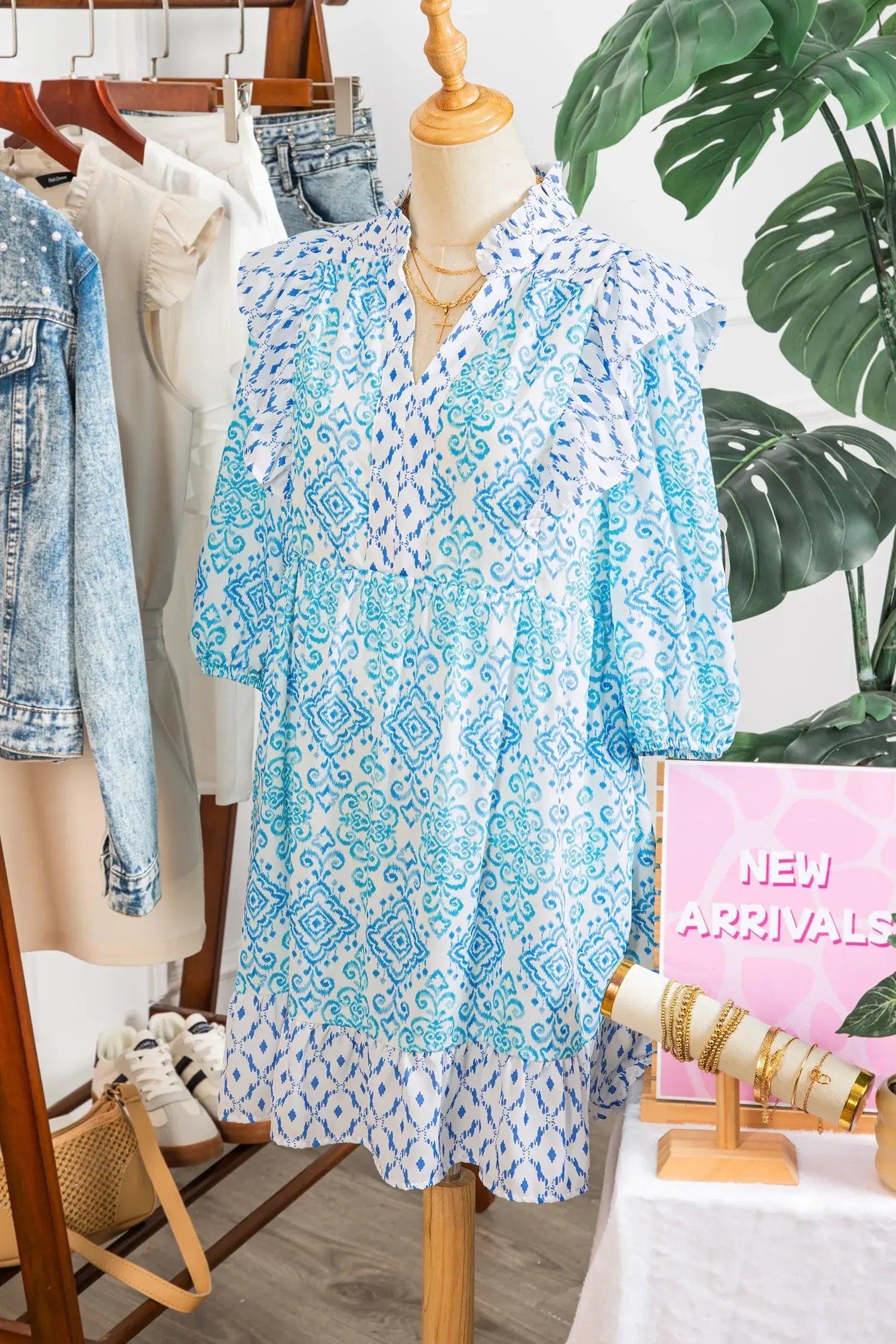 Sky Blue Boho Floral Geometric Patchwork Ruffle Detail Puff Sleeve Mini Dress - Sweet Fashion Wholesale