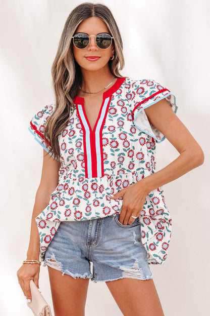 Red Sunflower Printed Contrast Trim V Neck Flutter Sleeve Blouse