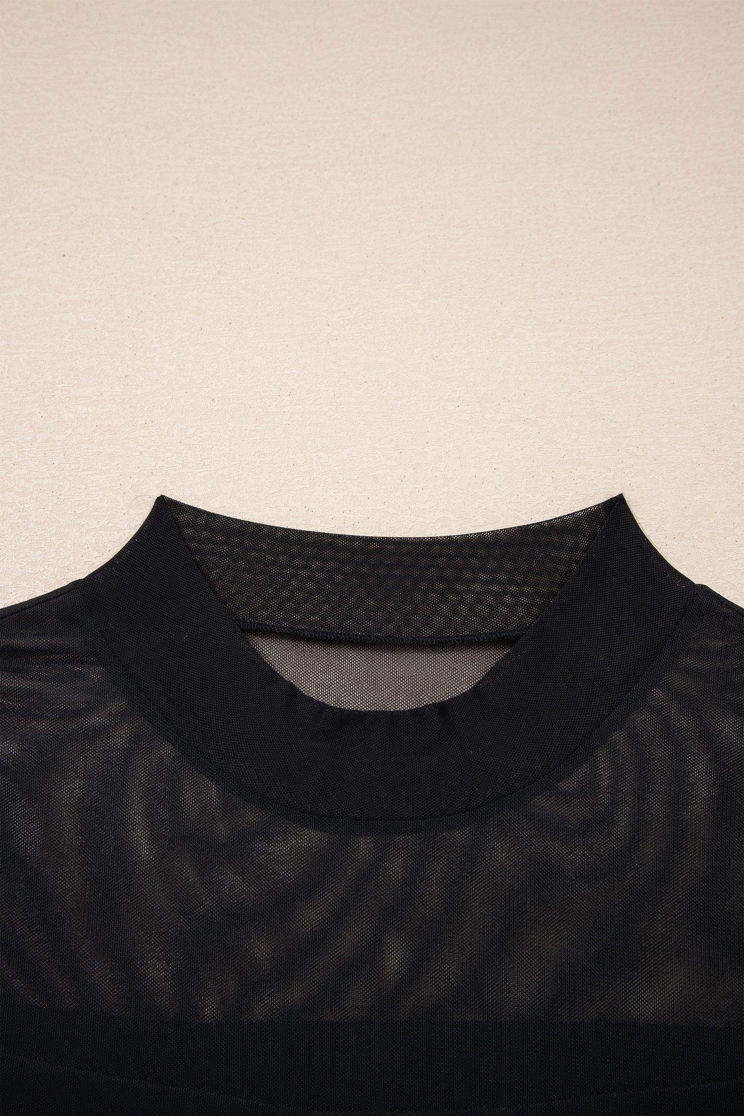 Black Sheer Mesh Patchwork Cap Sleeve T Shirt - Sweet Fashion Wholesale