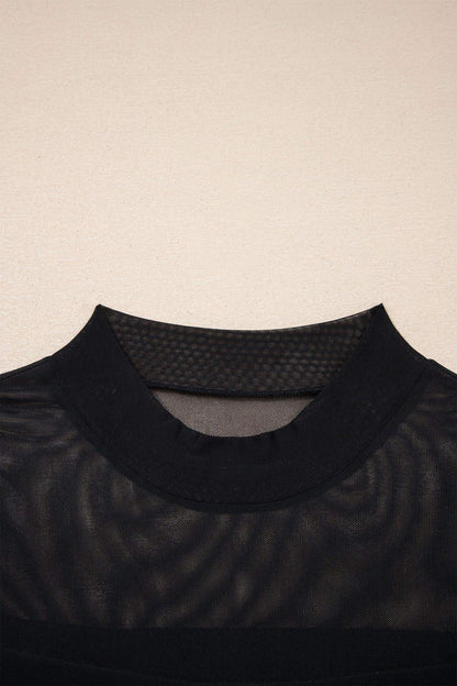 Black Sheer Mesh Patchwork Cap Sleeve T Shirt - Sweet Fashion Wholesale