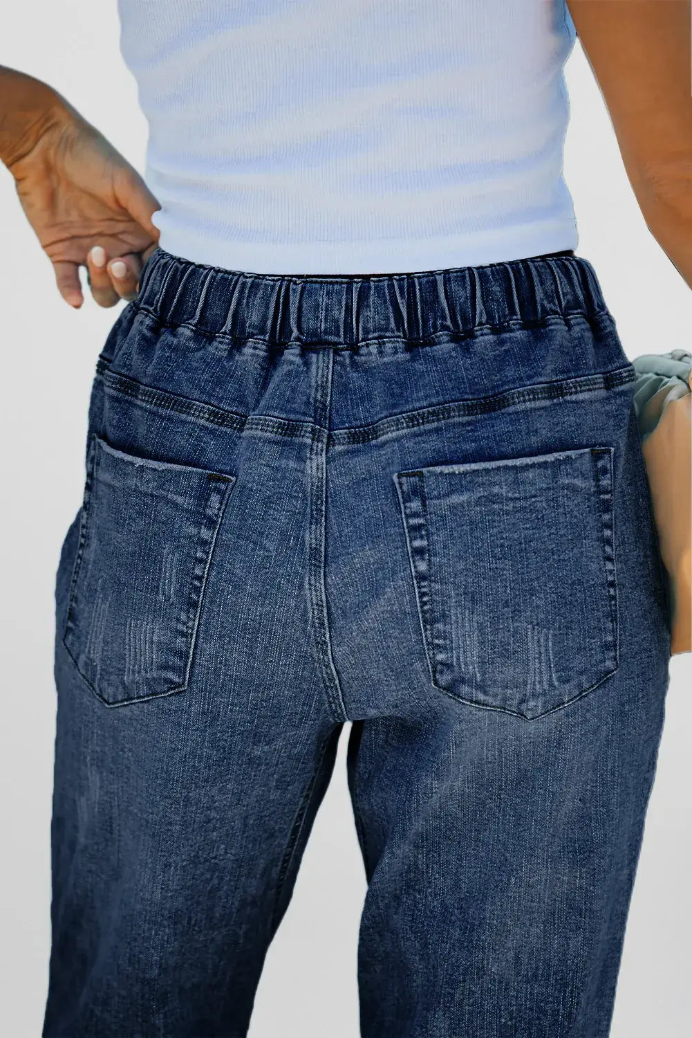 Dark Blue Gather Round Distressed Pocketed Denim Jogger - Sweet Fashion Wholesale