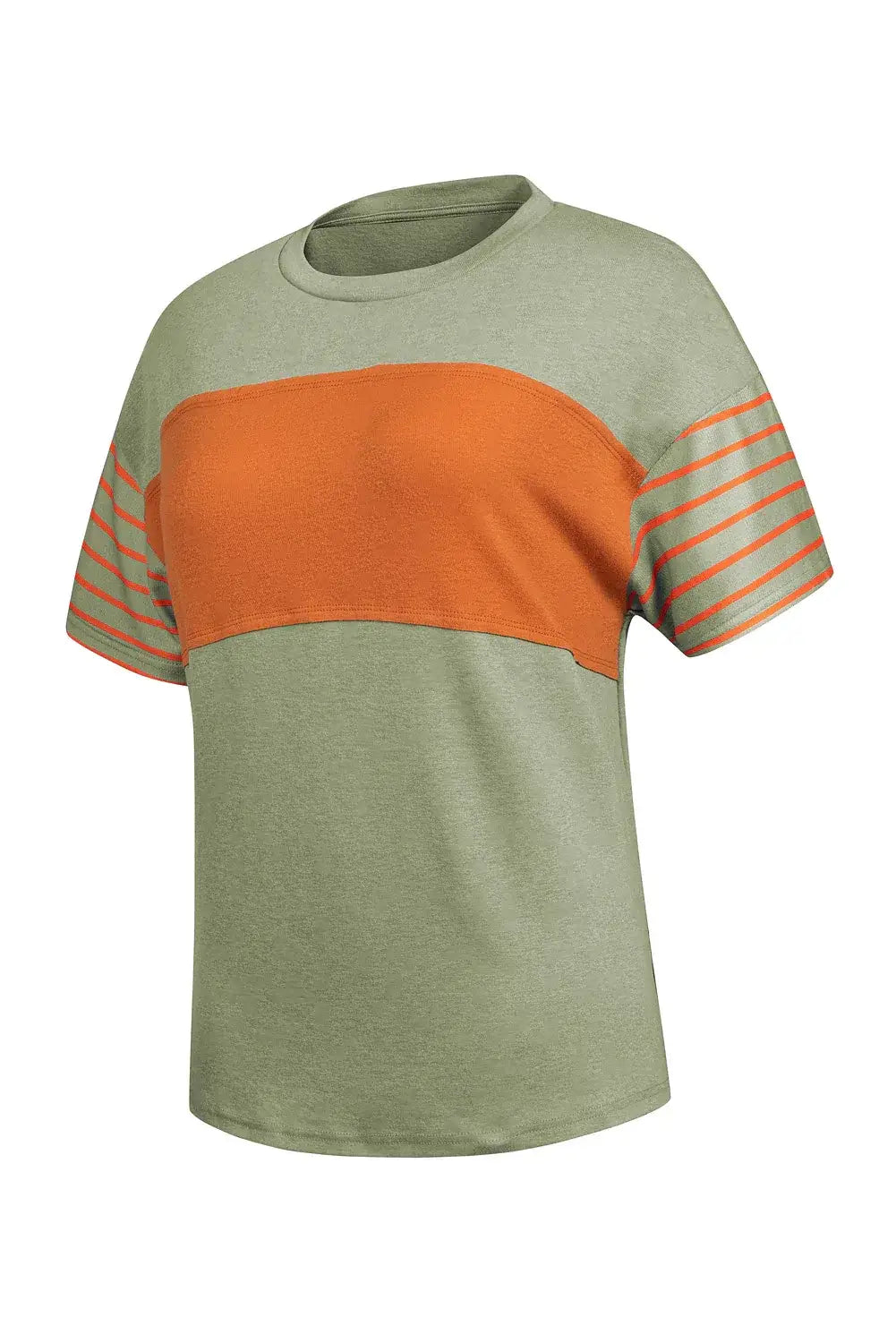 Laurel Green Color Block Striped Detail Loose T Shirt - Sweet Fashion Wholesale