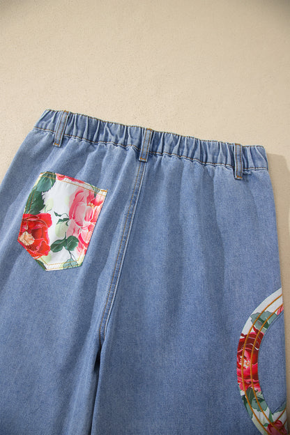 Myosotis Floral Peace Sign Embroidered Patch Wide Leg Jeans