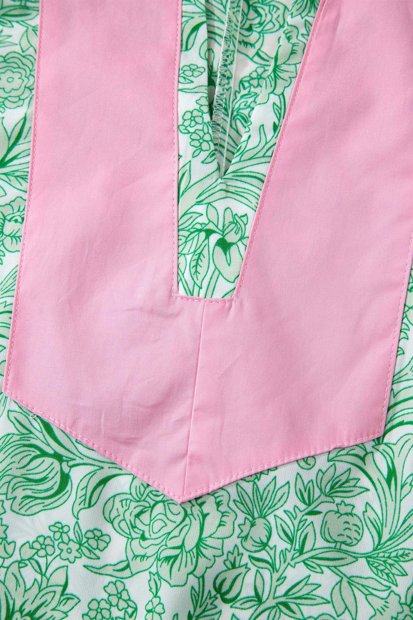 Pink Floral Print Color Block Patchwork V Neck Short Sleeve Midi Dress