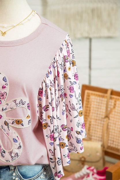 Pink Contrast Floral Patched Flowy Half Sleeve Blouse