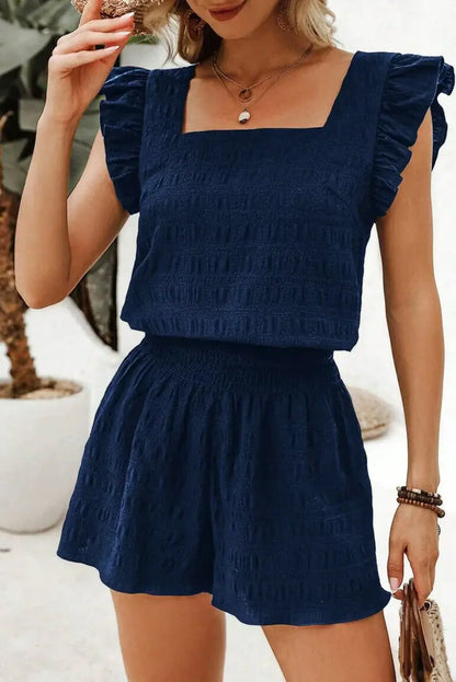 Black Textured Square Neck Top and Shirred High Waist Shorts Set - Sweet Fashion Wholesale