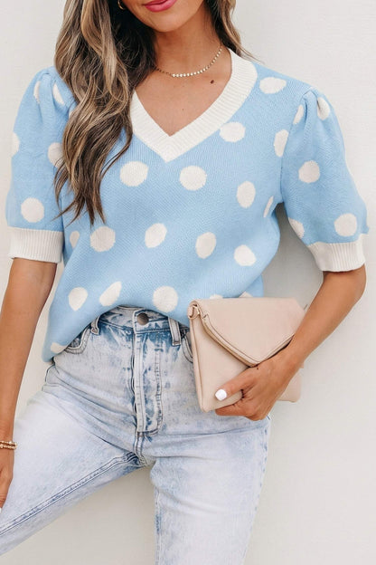 Pink Polka Dot Puff Short Sleeve Sweater Top