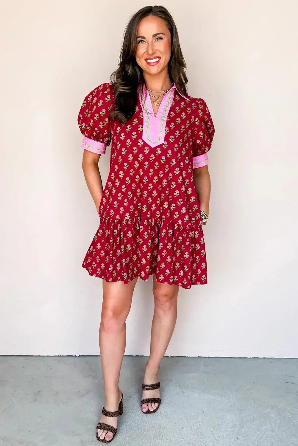 Red Floral Print Contrasted V Neck Short Bubble Sleeve Mini Dress - Sweet Fashion Wholesale