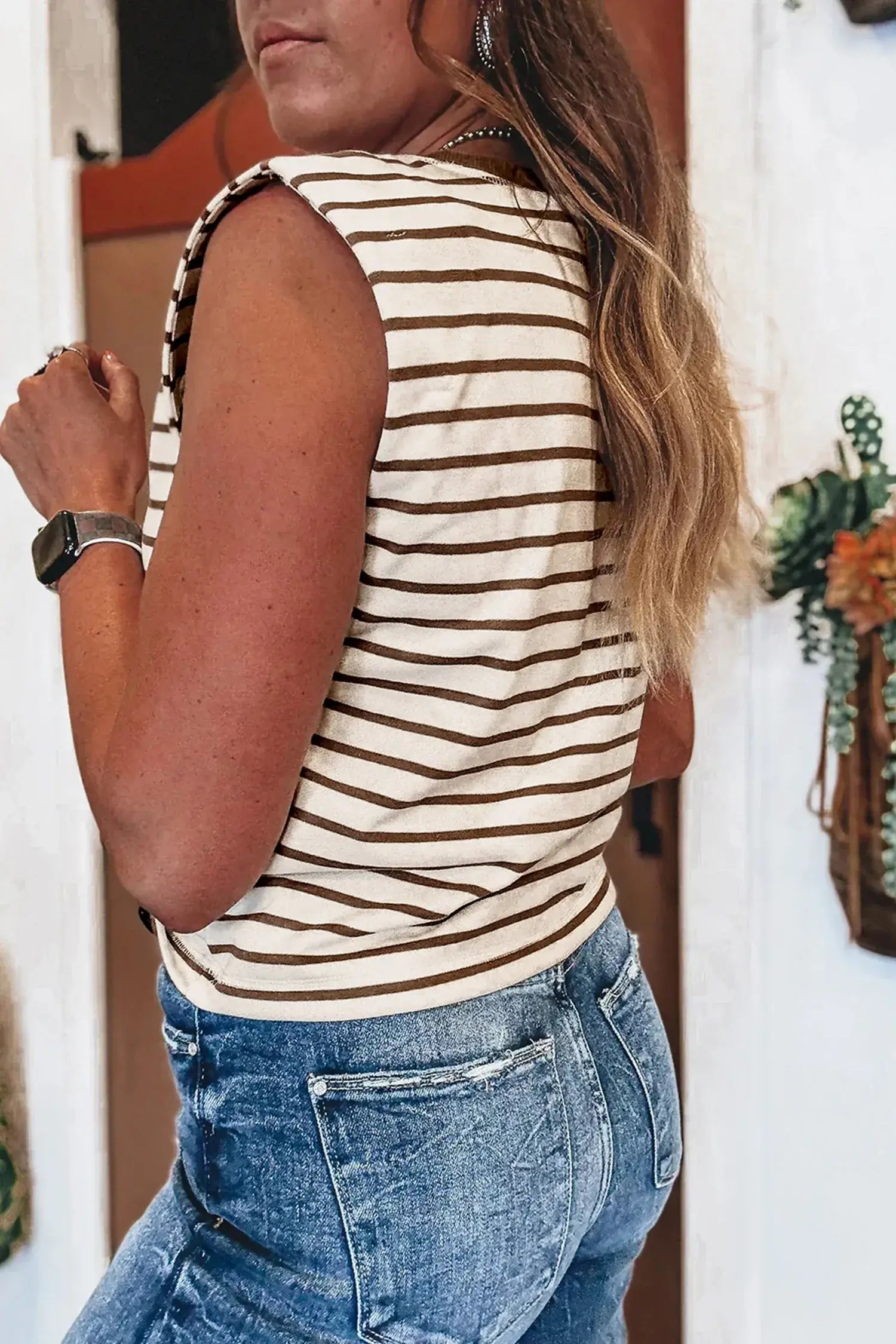 Brown Stripe Ribbed Round Neck Trim Loose Tank Top - Sweet Fashion Wholesale