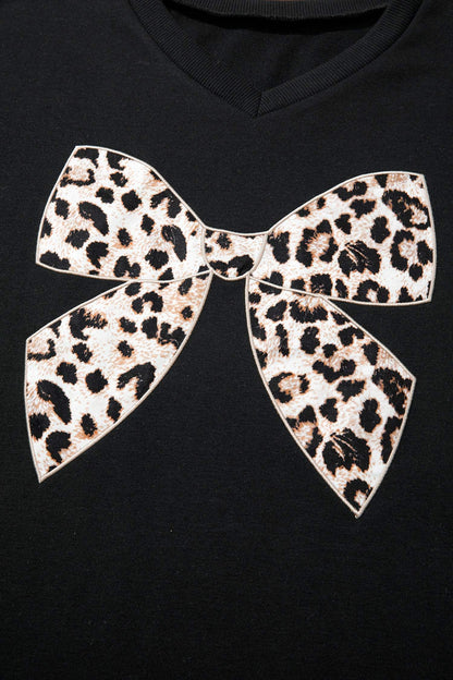 White Contrast Leopard Bow Patched V Neck Loose Tee Drawstring Shorts 2pcs Outfit