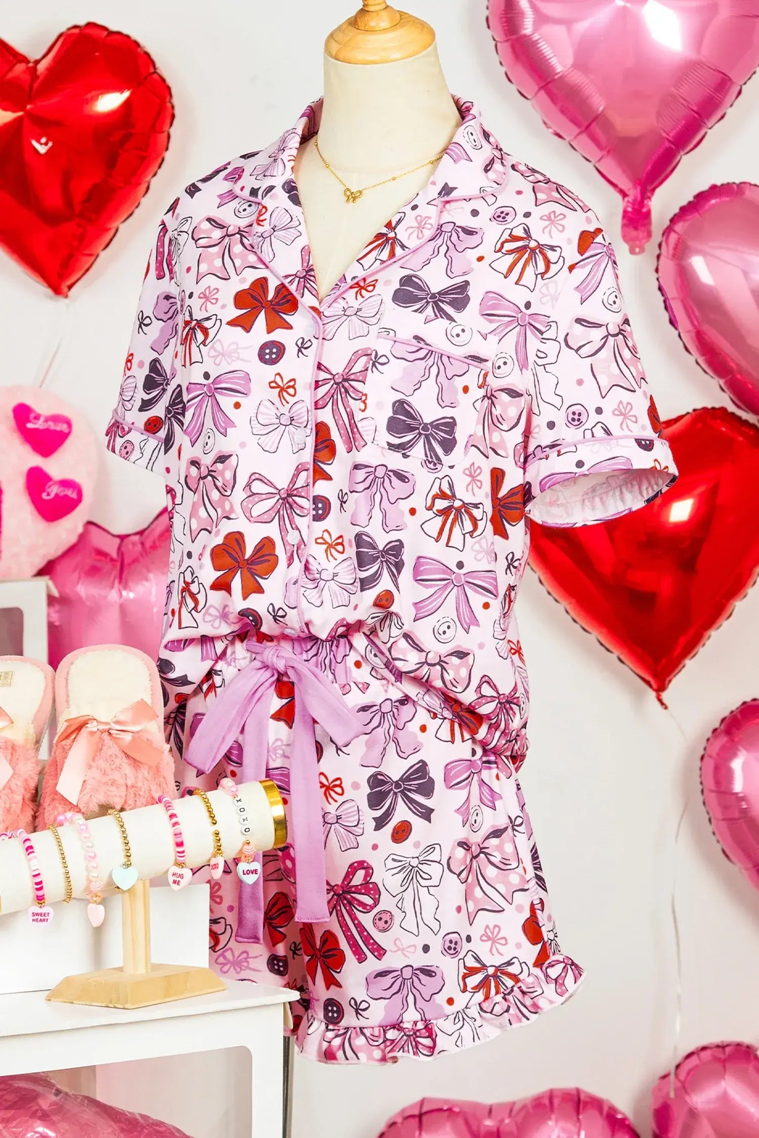 Pink Cute Ribbon Bows Printed 2pcs Short Pajama Set - Sweet Fashion Wholesale