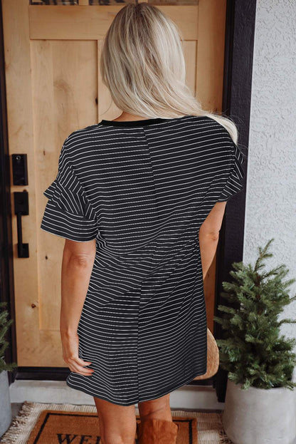 Green Stripe Ruffled Short Sleeve Crew Neck T Shirt Shift Mini Dress